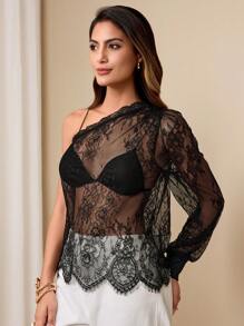 SHEIN Unity Women's Elegant Elegant See-Through Lace Shoulder Top Fall Cloth For Women - Black - View 5