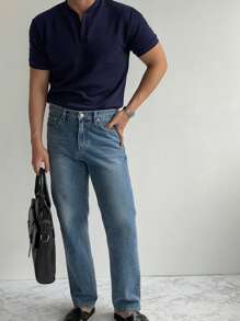 DAZY Summer Men's Slim Fit V-Neck T-Shirt, Solid Blue Color Business Attire - Blue - View 2