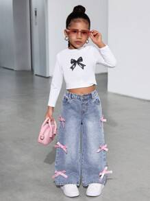 SHEIN Young Girl Y2K Cute Pink Bow Decor Loose Blue Denim Wide Leg Pants, Girl Fall And Winter Denim Jeans Clothes,Cool Outfit/Girls Thanksgiving Outfit,