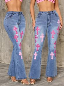 SHEIN SXY Pantalones vaqueros con vuelo estampados de mujer casuales - Azul - Ver 1