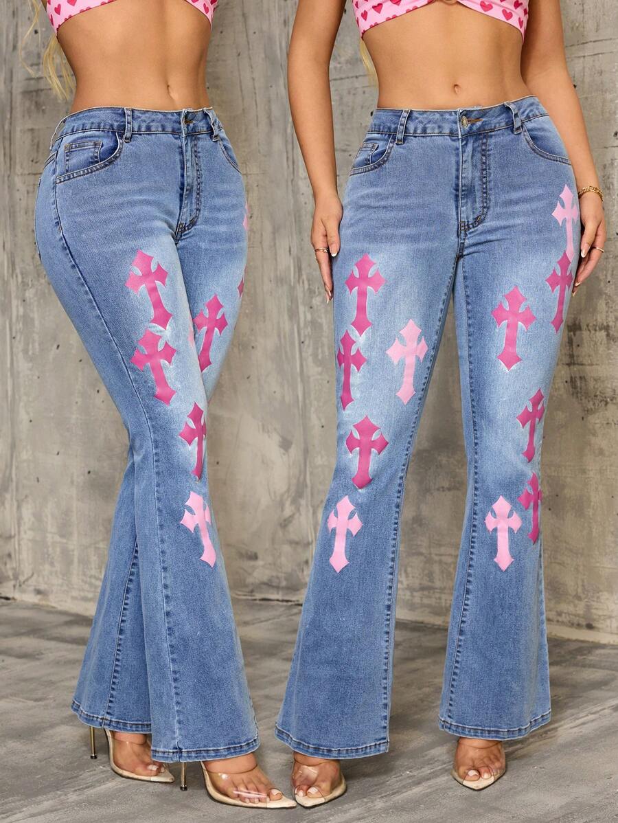 SHEIN SXY Celana Jeans Wanita Kasual Model Flare dengan Motif - Biru - View 1