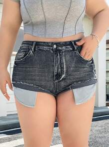 SHEIN EZwear Damen Große Größen Wagemutiger, avantgardistischer Streetstyle coole, selbstbewusste, retro Jeans Shorts in Knielänge, Sommer - Mittele Waschung - Übersicht 6