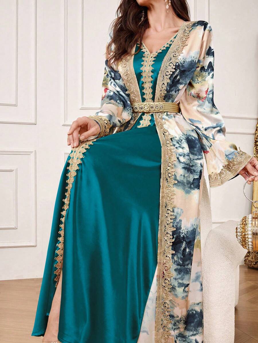 Al Najma Women's Tie-Dye Print Long Sleeve Dress, Modest Kaftan - Teal Blue - View 1