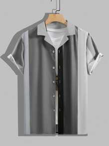 Manfinity Homme Men's Summer Casual Color Block Patchwork Short Sleeve Shirt , Men Stylish Shirts - Grey - View 3