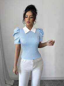 Elenzga Áo thun nữ cổ bẻ đơn sắc đính hạt thanh lịch hàng ngày - Màu xanh lam - Xem 5