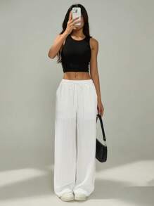 SHEIN PETITE Women Solid Color Waist-Tie Pockets Straight-Leg Pants,Business Casual Woman