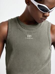 NEON BLANC Men's Street Style Knit Crew Neck Embroidered Sleeveless Tank Top, Suitable For Summer Cotton - Army Green - View 3