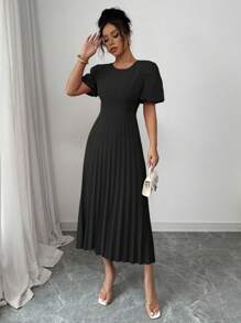 Rafferiza 法式优雅时尚日常百搭灯笼袖圆领收腰褶皱下摆长裙，无弹力，红色，女士春夏 - 黑色 - 查看 3