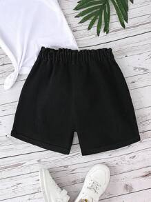 Quần short denim cạp cao rộng rãi màu đen cho bé gái tuổi teen có thiết kế viền tua rua, đa năng và thời trang để mặc hàng ngày - màu đen - Xem 2
