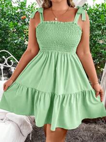SHEIN Clasi Váy dây mảnh buộc dây màu trơn cỡ lớn cho kỳ nghỉ của phụ nữ ngoại cỡ - Màu xanh Bạc hà - Xem 5