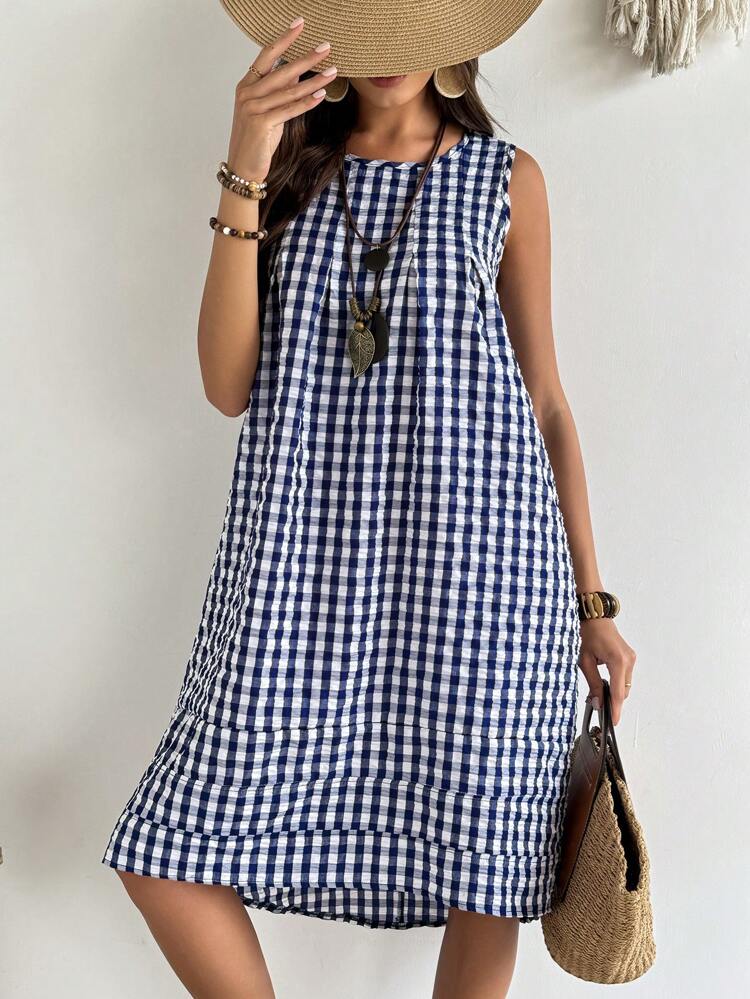 Women's Plaid Sleeveless Midi Casual Dress For Vacation,Summer Dresses For Women