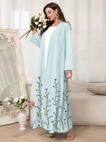 Al Najma Women's Floral Print Long Sleeve Open Front Abaya Kimono, Modest Robe - Baby Blue - View 3