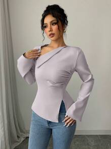 Elenzga 女士优雅时尚通勤休闲舒适不对称斜 V 领系带纯色衬衫 - 紫色 - 查看 4