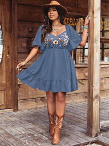 Vionelle Đầm tay bèo thêu phong cách Bohemian cỡ lớn cho nữ - Màu xanh bụi bặm - Xem 3