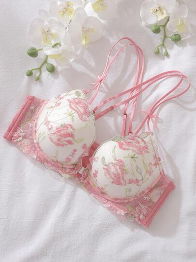 DelicateAllure Front Closure, Push-Up, Underwire, Boned, Uplift, Molded Cup, Embroidery, Romantic, Floral, Fresh Women's Bra