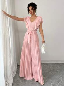 Elenzga 女士 V 领荷叶边修腰 A 字型优雅浪漫连身裤 - 粉色 - 查看 3