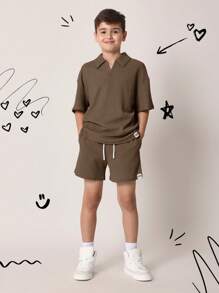 SUMWON 纹理罗纹针织 Polo 衫两件套短裤套装 男童运动休闲夏季休闲运动街头服饰度假学校正式休闲娱乐套装 - 摩卡棕 - 查看 1