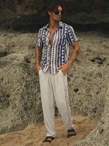 Manfinity VCAY Men Woven Casual Vacation Summer Geo Print Short-Sleeved Shirt, For Vacation, Beach - Multicolor - View 4