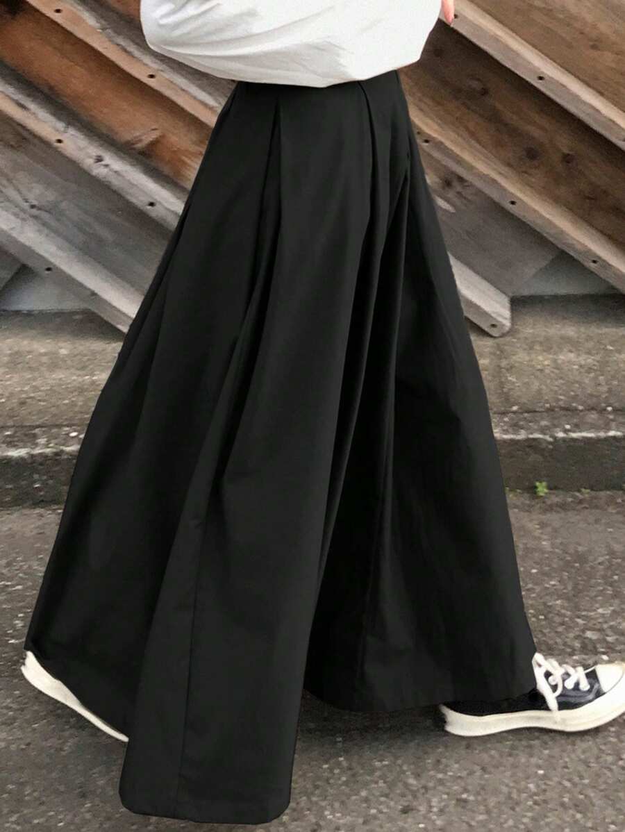 FRIFUL Women's Khaki High Waist Pleat Design Skirt - Black - View 1