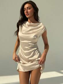 Aloruh 简约高端办公室着装小立领短袖修身迷你缎面连衣裙，适合女性，也适合锐舞派对和音乐节穿着 - 香檳色 - 查看 6