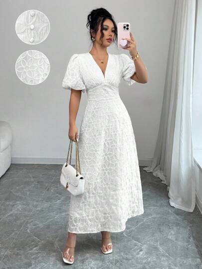 Elenzga Women's French Elegant Casual Commute Holiday Solid Color Textured Embroidered V-Neck Button Waist Decor Lantern Sleeve A-Line Long Dress With Lining, Spring/Summer