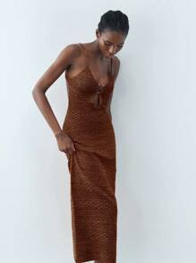 Maija Summer Khaki Round Metal Buckle Elegant Modern Knit Dress For Women, Suitable For Vacation, Holiday, Business Casual, Beach Wedding, Valentine's Day Party, Vintage, 90s, Bohemian Style