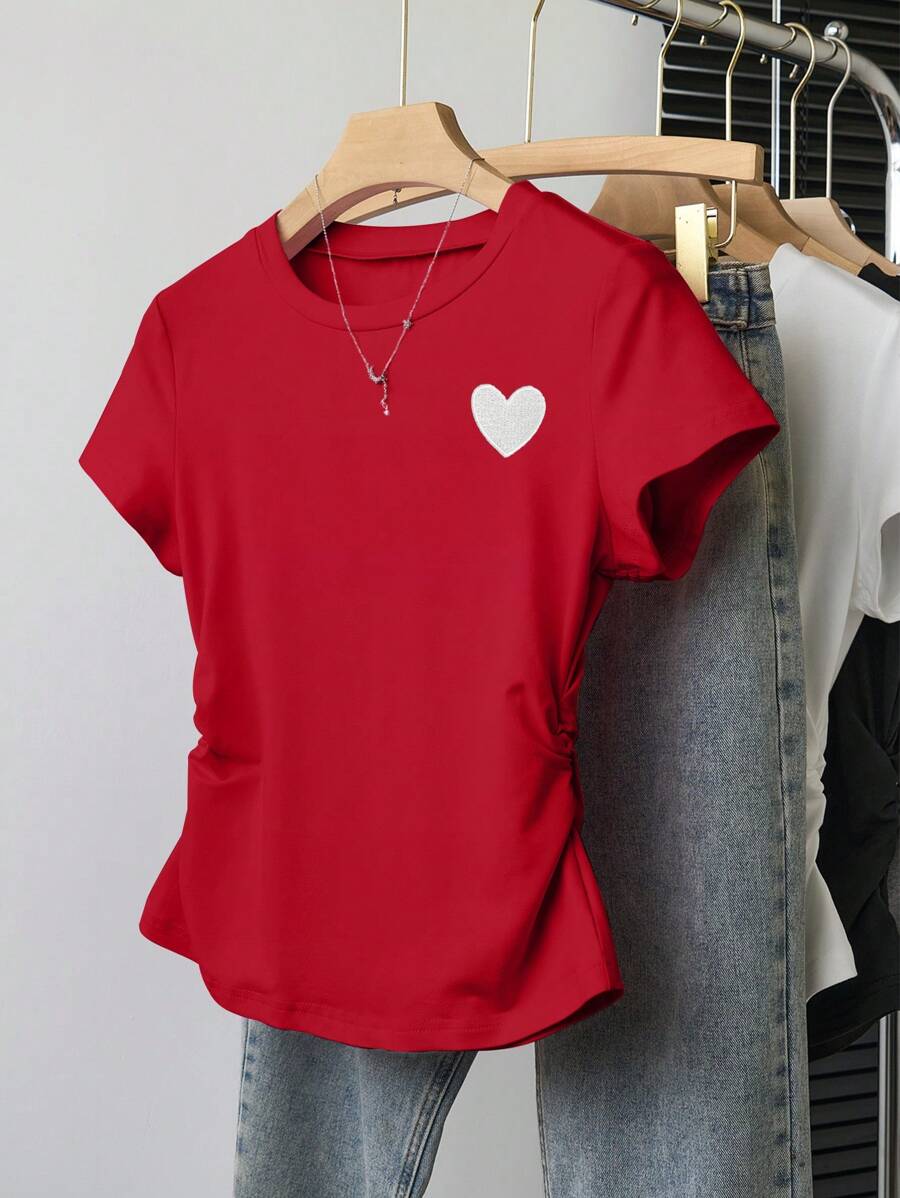 INAWLY Women's Heart Graphic Round Neck Short Sleeve Pleated Casual T-Shirt