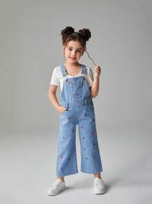 Girls Medium Wash Denim Cherry Embroidered Sleeveless Strap Long Overalls With Pockets - Medium Wash - View 1