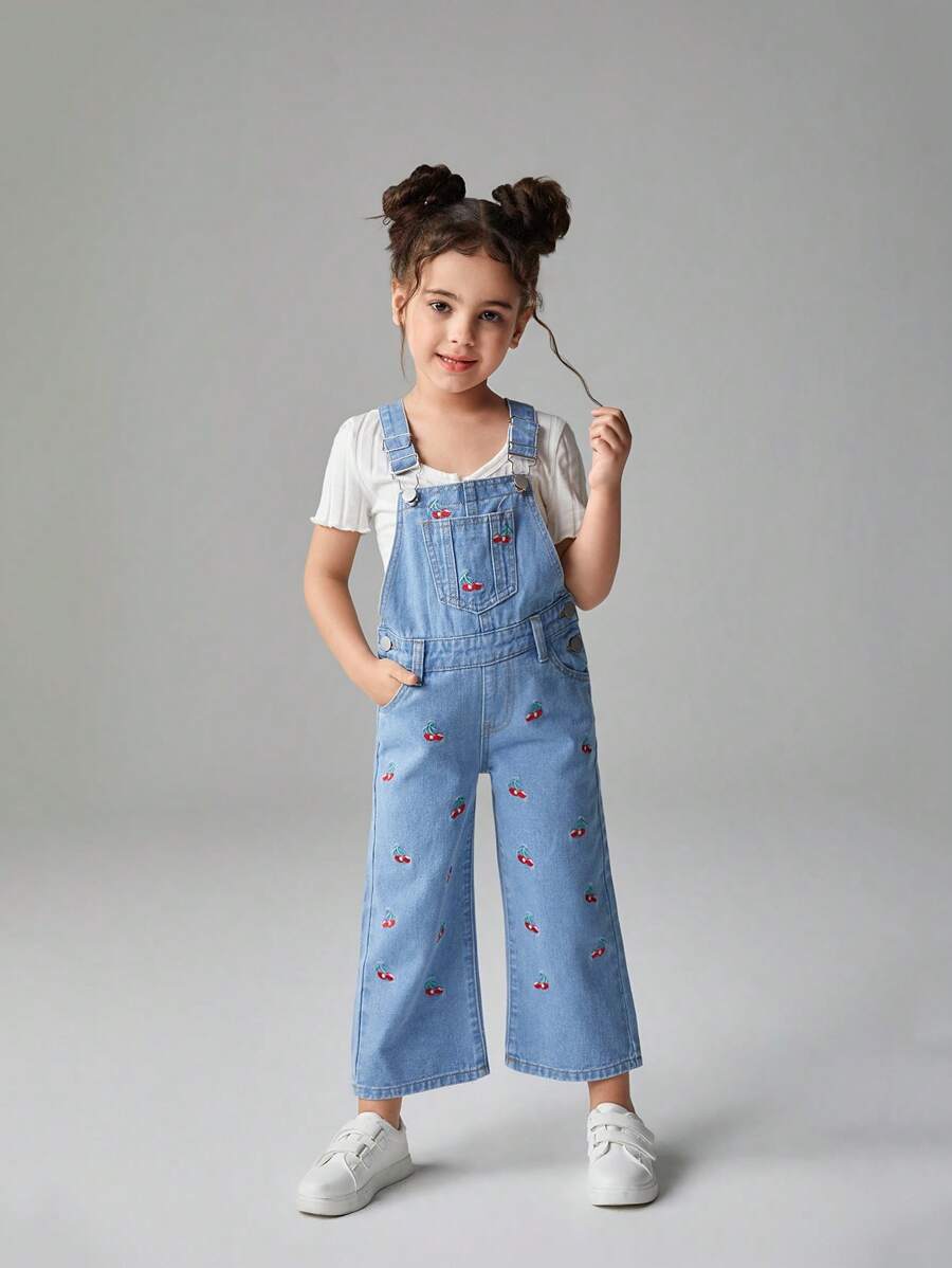 Girls Medium Wash Denim Cherry Embroidered Sleeveless Strap Long Overalls With Pockets - Medium Wash - View 1