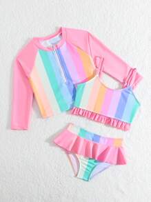 SHEIN Unga flickor färgglada randiga mönster blixtlås detalj Tankini Set