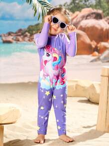 Cute Girls One-Piece Swimsuit With Unicorn & Star Pattern, Zipper Back, Long Sleeve & Long Pants - Multicolor - View 6