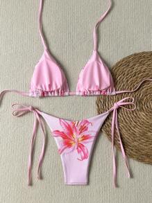 SHEIN 2pcs/Set Summer Vacation Floral Random Print Halter Top And Drawstring Side Bikini Swimsuit, Beach Holiday - Pink - View 2