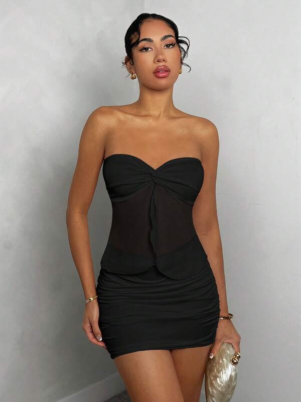 Glamine 2 teiliges Set mit sexy transparentem gedrehtem Trägertop und Rock, Ausgehset, Outfit für Geburtstag, Feiertag, Partys oder Dates