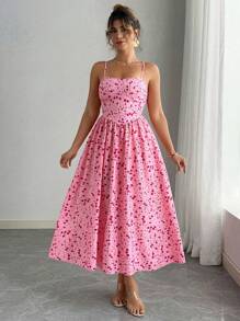 SHEIN Unity 女士加大码夏季粉色碎花甜美假日风格吊带连衣裙，适合早午餐