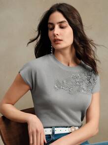 Anewsta Elegant Round Neck Beaded Embroidery Short Sleeve T-Shirt, Knit Top For Valentine's Day, Summer Vacation, New Year's, Spring, Casual, Elegant - Grey - View 3