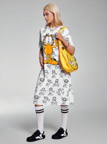 GARFIELD | SHEIN 女士卡通猫印花圆领短袖中长连衣裙