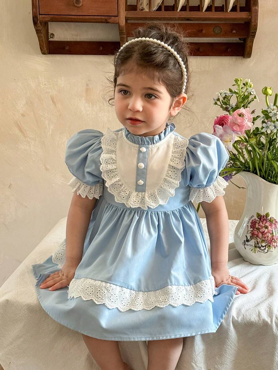 LMoss Kids Baby Girl Woven Contrast Ruffle Trim Balloon Sleeve Casual Dress - Blue - View 1