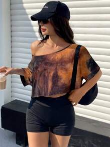 SHEIN EZwear 女士扎染超大不对称下摆短款 T 恤