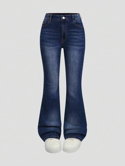 Jeans acampanados elásticos con efecto desgastado, versátiles, para adolescentes