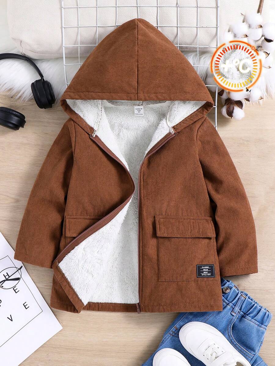 1 pieza Chaqueta con capucha informal y holgada de pana para niños pequeños, gruesa y cálida para exteriores, escuela, jardín, playa, fiesta de cumpleaños y baby shower en otoño e invierno - Marrón - Ver 1