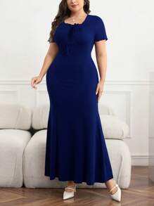 Modelyn Plus Size Women Solid Color Tie Front Short Sleeve Bodycon Fish Tail Dress - Blue - View 3