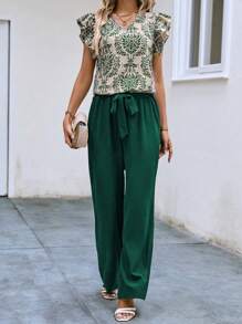 SHEIN Clasi 2pcs Women's Vacation Casual Full Print Shirt And Pants Set - Green - View 4