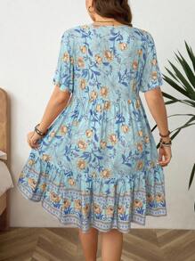 SHEIN LUNE Plus Size Floral Print Tie Neck Casual Vacation Short Sleeve Dress Plus Size Women Casual Cashew Ditsy Floral Short Sleeve Holiday Dress Vacation Style Bohemian Dress,Summer Dresses For Women Plus Size Boho Dress Plus Size Summer Dress Plus Size Floral Dress Fall Women Clothes School Clothes Teacher Outfits For Women Country Outfits Women Fall Clothes For Women Fall Outfits Women Dresses For Women Casual Bandana Surplice Neck Pocket Belted Flutter Hem Maxi Dress - Blue - View 2