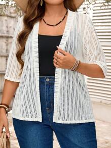 EMERY ROSE Abrigo de punto liso de manga larga con jacquard calado, minimalista y de moda para el verano, para mujer, para uso en la oficina, vacaciones, verano, festival bohemio, vacaciones