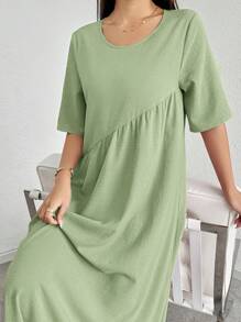 Mulvari Women's Casual Olive Green Long Dress: Semi-Sheer Woven Fabric, Short Sleeves, And A Round Neckline - Olive Green - View 6