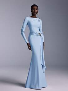 Elitara Elegant Silver Gray Boat Neck Off-Shoulder Long Sleeve Waist Twist Sequin Metal Shell Button Decor Mermaid Bridesmaid Dress - Baby Blue - View 4