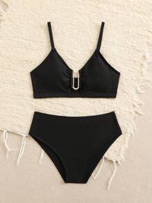 Conjunto de bikini para niña preadolescente con parte superior y Bottom de un solo color conectado con aro en forma de U