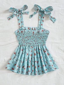 SHEIN WYWH Women Summer Vacation Blue Allover Floral Print Tie Shoulder Ruffle Hem Peplum Cute Lunch Casual Back To School Top