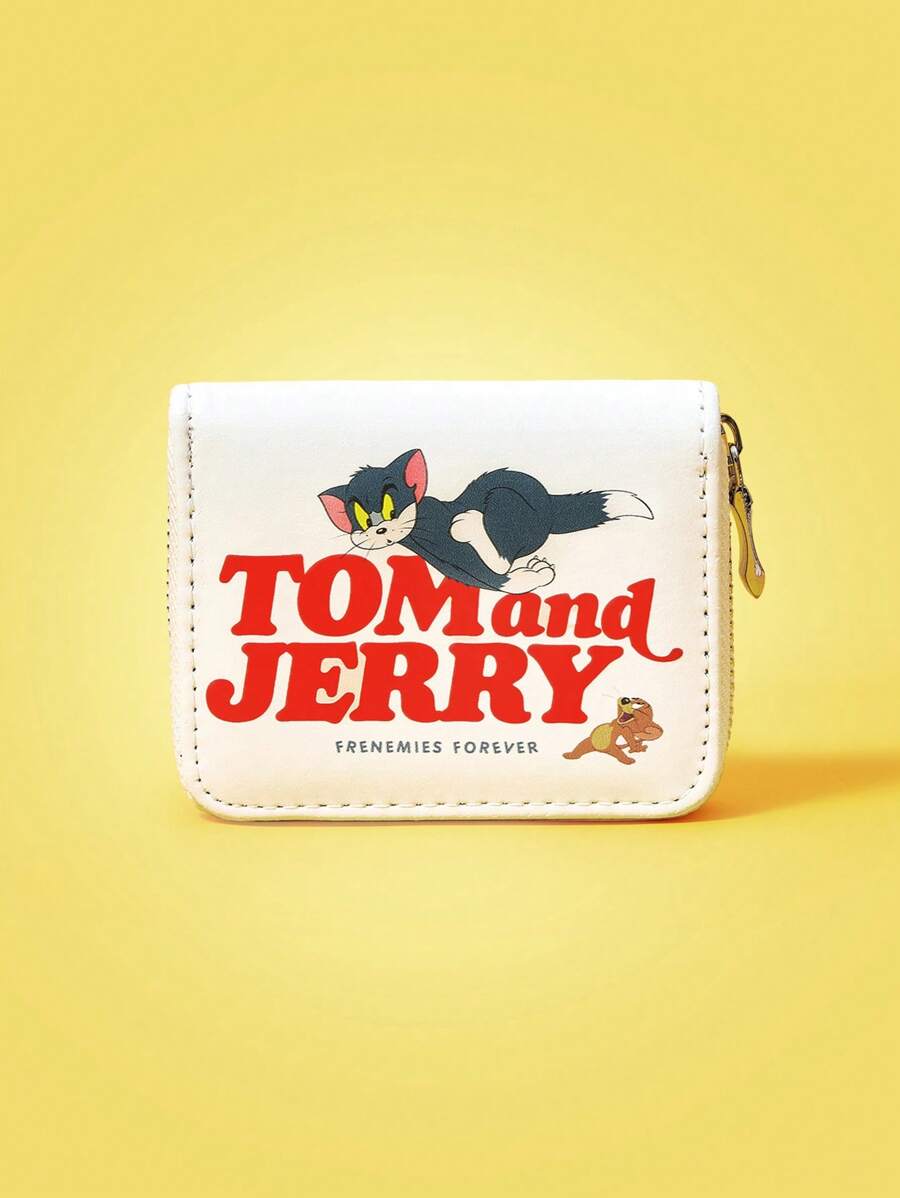TOM & JERRY X SHEIN 1pc Fashionable And Cute Cartoon Cat Pattern White Multi-Compartment Short Wallet - Multicolor - View 1