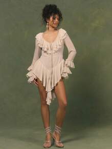 MUSERA Mono de manga larga con cuello de pico, cuello con volantes extremos, dobladillo con volantes, look lindo y sexy, adecuado para Ibiza, primavera, verano, club, vacaciones, vacaciones, estilo bohemio, primavera, verano, elegante ropa de playa